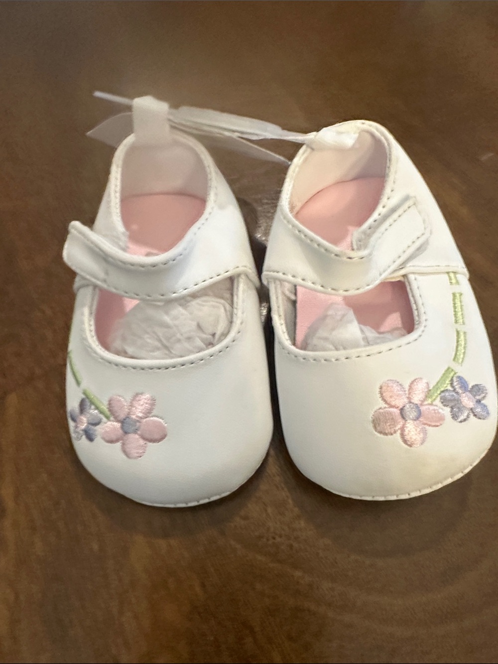 Carter's White Mary Jane Baby Shoes with Pink and Lavender Floral Embroidery
